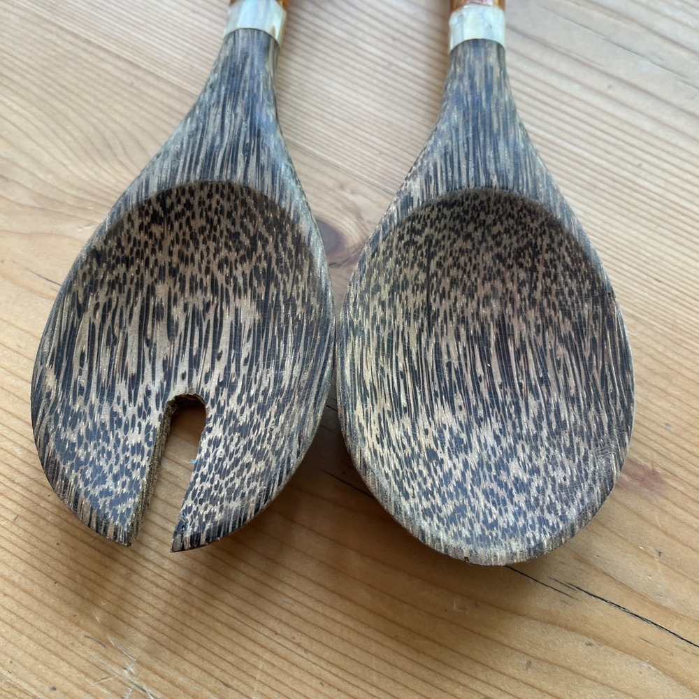 hand-carved wooden salad servers inlaid with mother of pearl handles New - Picture 2 of 6